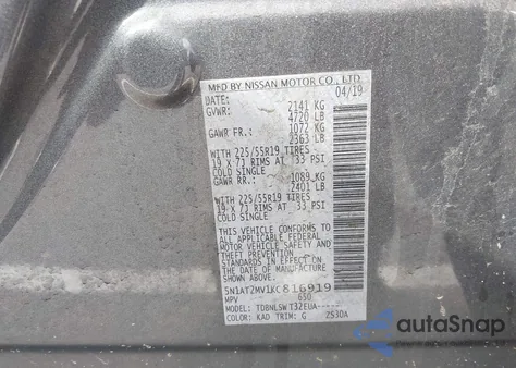 2019 Nissan Rogue Sl z USA, uszkodzony, nr VIN 5N1AT2MV1KC816919